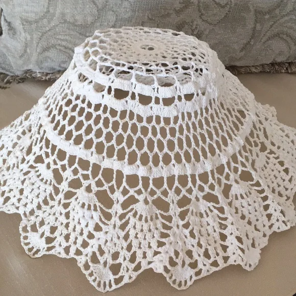 Vintage Wedding Basket Bowl Lampshade Handmade White Crochet Cotton